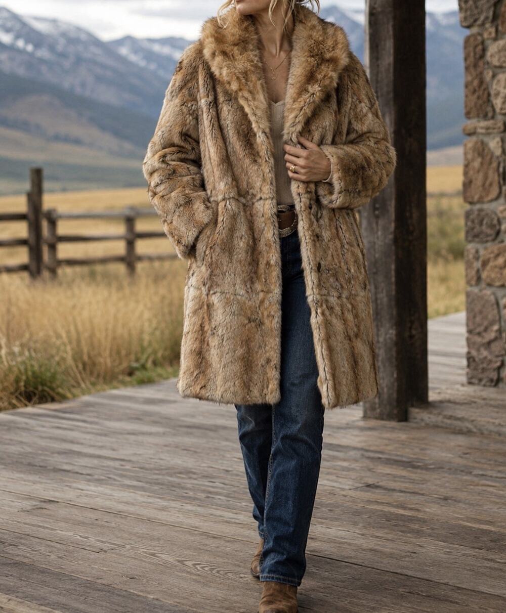 Vintage Bifanos Dallas Genuine Fur Plush Collared Coat Western Ranch Womens Med